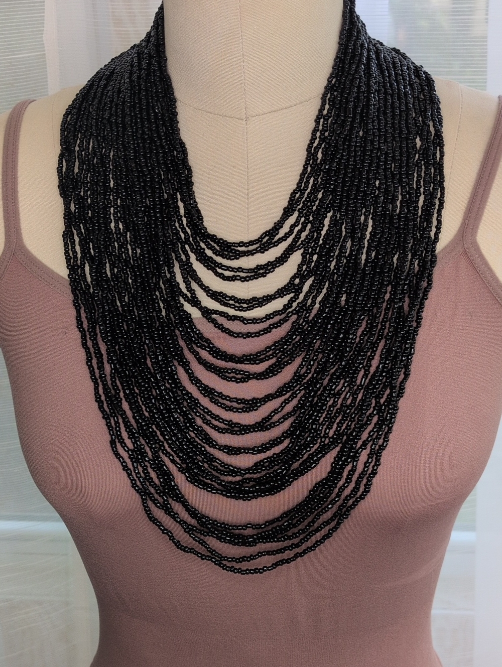 Black Multi-Strand Seed Bead Necklace - Elegant Layered